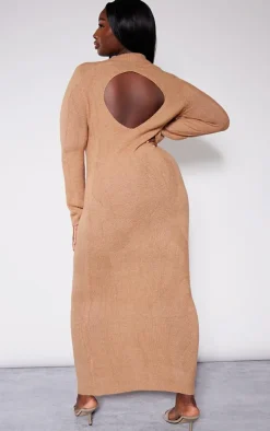 Plus Mocha Soft Knit Open Back Long Sleeve Maxi Dress