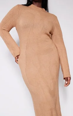 Plus Mocha Soft Knit Open Back Long Sleeve Maxi Dress