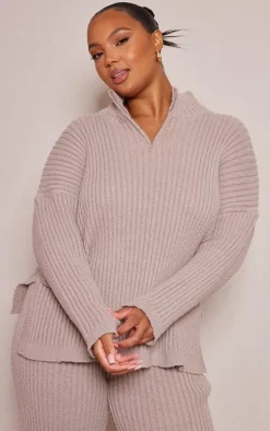 Plus Mocha Zip Ribbed Knitted Sweater