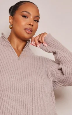 Plus Mocha Zip Ribbed Knitted Sweater