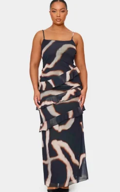 Plus Monochrome Printed Mesh Ruffle Maxi Dress
