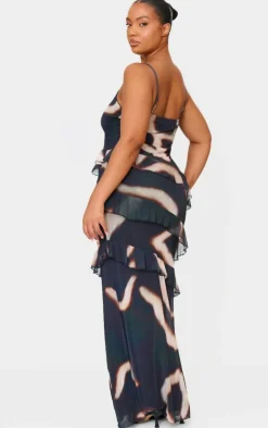 Plus Monochrome Printed Mesh Ruffle Maxi Dress