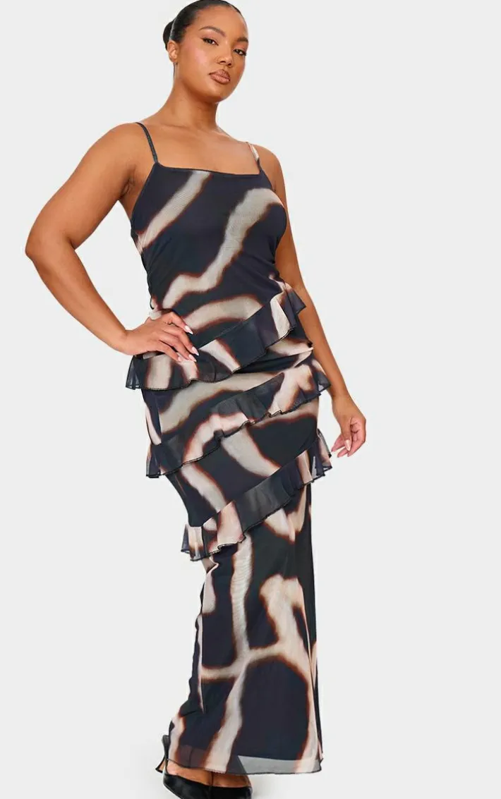 Plus Monochrome Printed Mesh Ruffle Maxi Dress