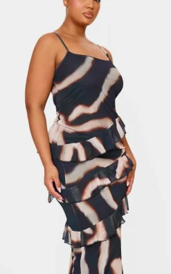 Plus Monochrome Printed Mesh Ruffle Maxi Dress