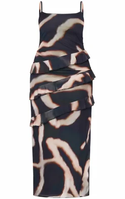 Plus Monochrome Printed Mesh Ruffle Maxi Dress