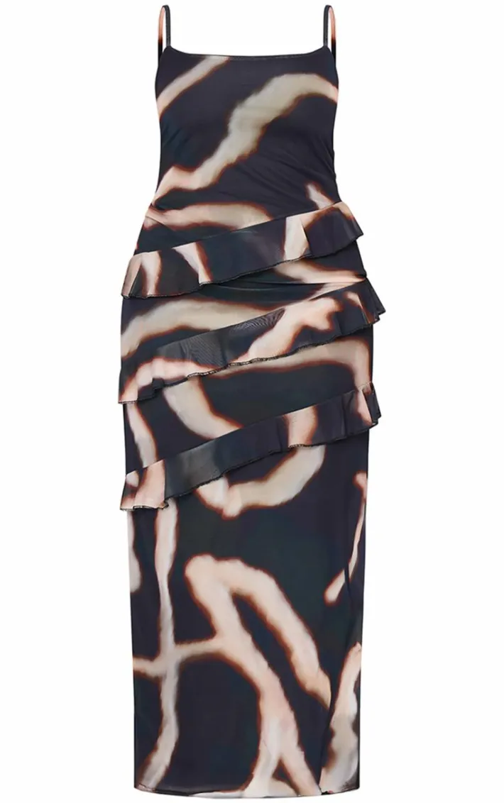 Plus Monochrome Printed Mesh Ruffle Maxi Dress