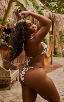 Plus Monochrome Swirl Print Triangle Bead Detail Bikini Top