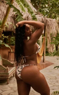 Plus Monochrome Swirl Print Bead Detail Bikini Bottoms