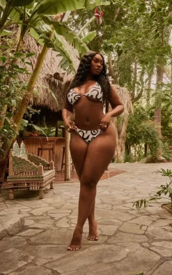 Plus Monochrome Swirl Print Bead Detail Bikini Bottoms