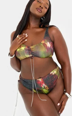 Plus Multi Abstract Print Chain Detail Bikini Top