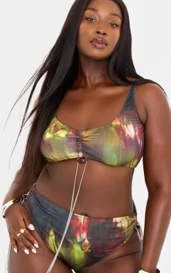 Plus Multi Abstract Print Chain Detail Bikini Top