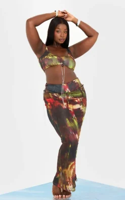 Plus Multi Abstract Print Mesh Lace Up Maxi Beach Skirt