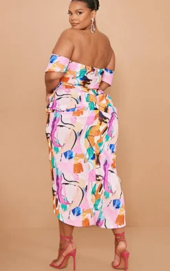 Plus Multi Bardot Ruched Side Midi Dress