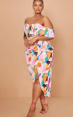 Plus Multi Bardot Ruched Side Midi Dress
