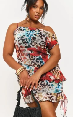 Plus Multi Print Asymmetric Neck Frill Detail Bodycon Dress