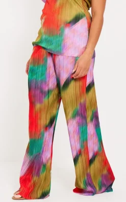 Plus Multi Print Plisse Wide Leg Pants