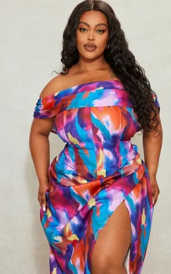 Plus Multi Printed Asymmetric Bardot Corset