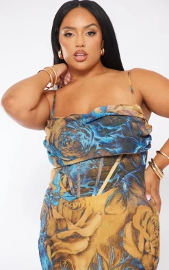 Plus Multi Printed Chiffon Drape Detail Midi Dress