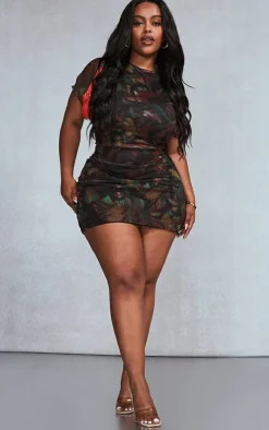 Plus Multi Printed Lettuce Hem Mesh Bodycon Skirt