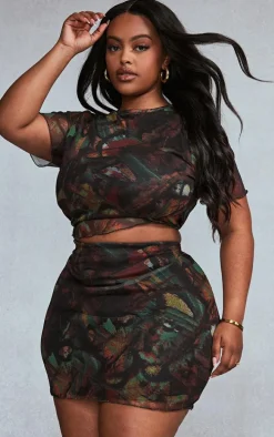 Plus Multi Printed Lettuce Hem Mesh Top