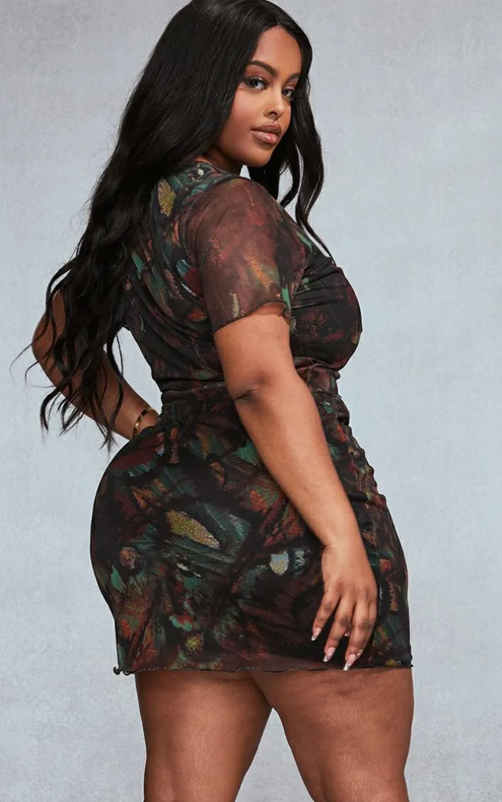 Plus Multi Printed Lettuce Hem Mesh Top