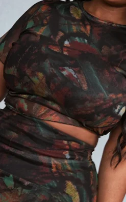 Plus Multi Printed Lettuce Hem Mesh Top