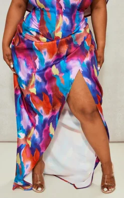 Plus Multi Printed Ruched Side Maxi Skirt