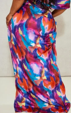 Plus Multi Printed Ruched Side Maxi Skirt