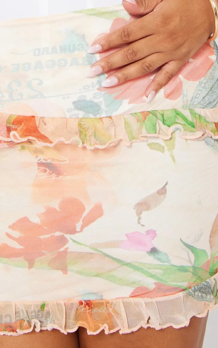 Plus Multi Printed Ruffle Mesh Mini Skirt