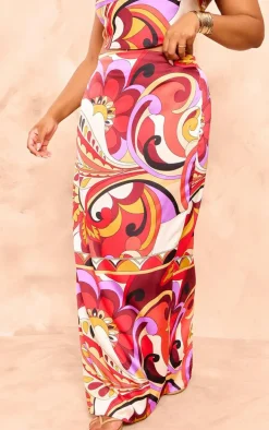 Plus Multi Printed Satin Mid Rise Maxi Skirt