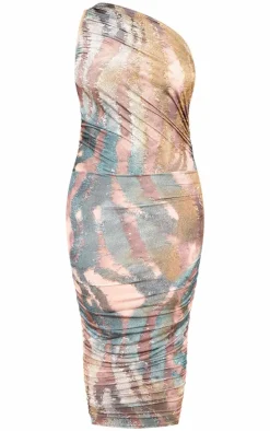 Plus Multi Printed Slinky Ruched One Shoulder Longline Midi Dress
