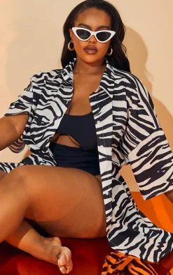 Plus Multi Zebra Oversized Short Sleeve Beach Shirt