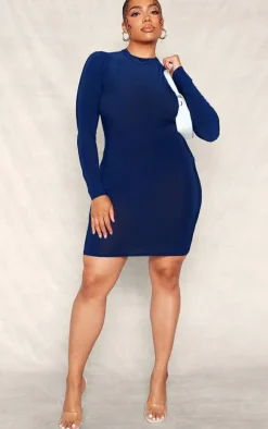 Plus Navy Soft Touch Long Sleeve Cut Out Back Mini Dress