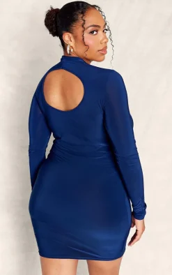 Plus Navy Soft Touch Long Sleeve Cut Out Back Mini Dress