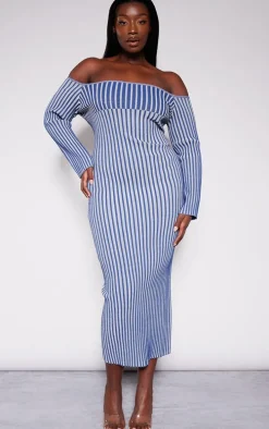 Plus Navy Two Tone Thick Rib Knit Bardot Maxi Dress