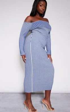 Plus Navy Two Tone Thick Rib Knit Bardot Maxi Dress