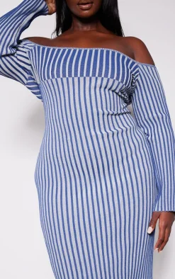 Plus Navy Two Tone Thick Rib Knit Bardot Maxi Dress