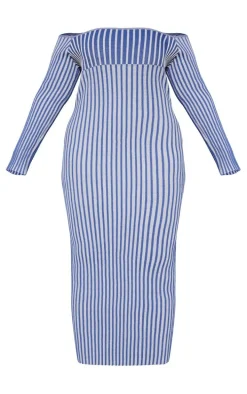 Plus Navy Two Tone Thick Rib Knit Bardot Maxi Dress