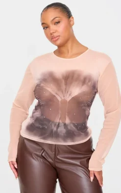 Plus Nude Butterfly Printed Hot Fix Mesh Top