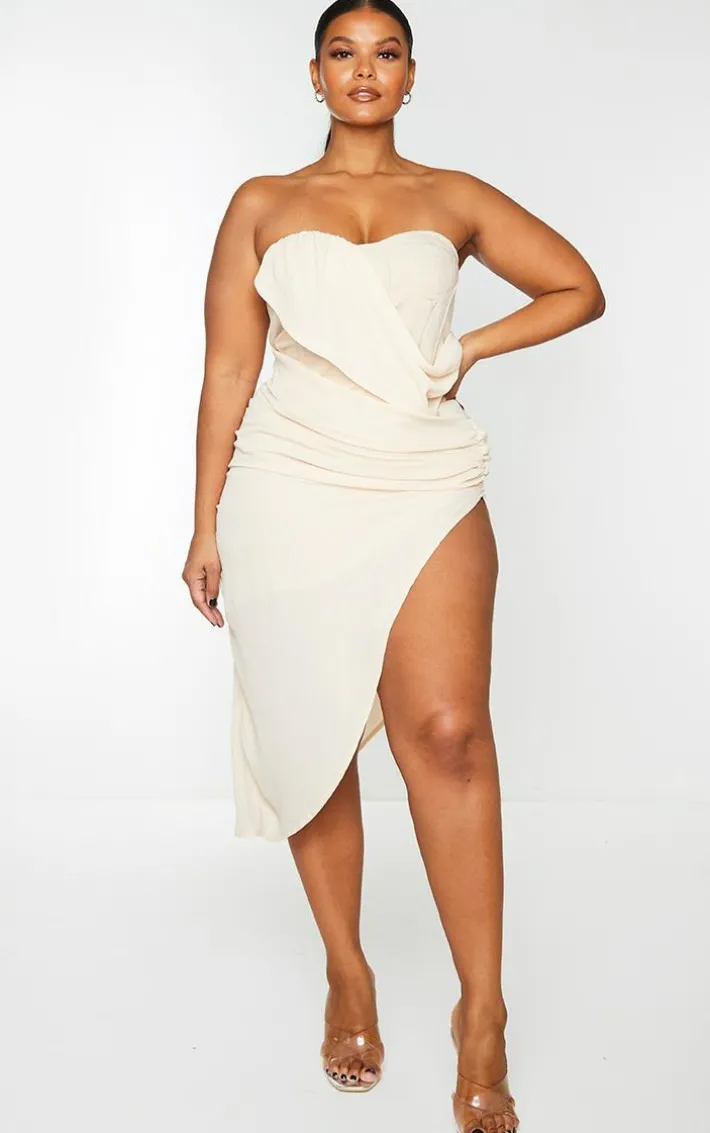 Plus Nude Cup Detail Chiffon Drape Bodycon Dress