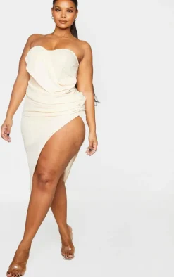 Plus Nude Cup Detail Chiffon Drape Bodycon Dress