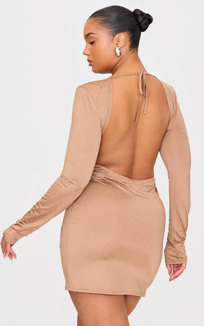 Plus Nude Hot Fix Long Sleeve Mini Dress