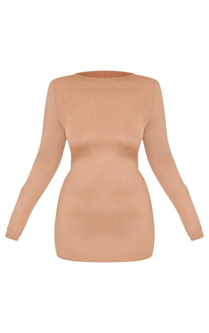 Plus Nude Hot Fix Long Sleeve Mini Dress