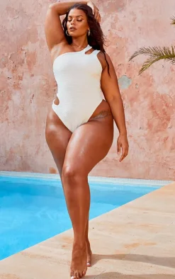 Plus Nude One Shoulder Waffle Cut Out Swimsuit