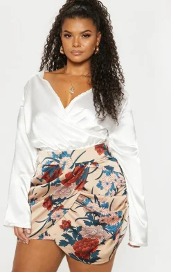 Plus Nude Satin Floral Print Gathered Mini Skirt