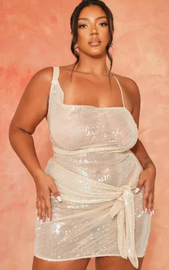 Plus Nude Sheer Sequin Wrap Bodycon Dress