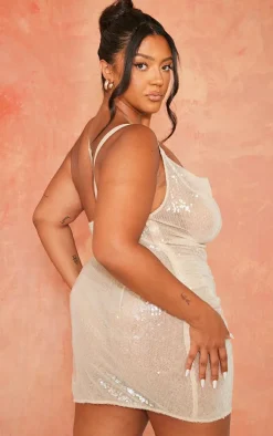 Plus Nude Sheer Sequin Wrap Bodycon Dress