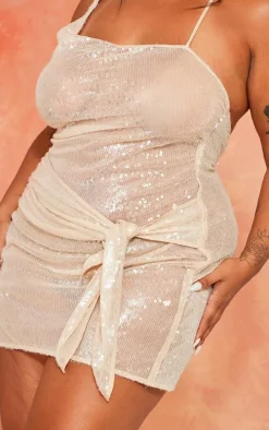 Plus Nude Sheer Sequin Wrap Bodycon Dress
