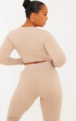 Plus Oatmeal Acid Wash Seamless Cut Out Long Sleeve Crop Top