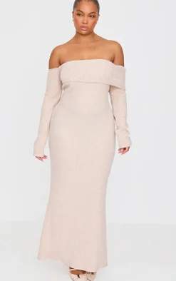 Plus Oatmeal Brushed Rib Bardot Maxi Dress